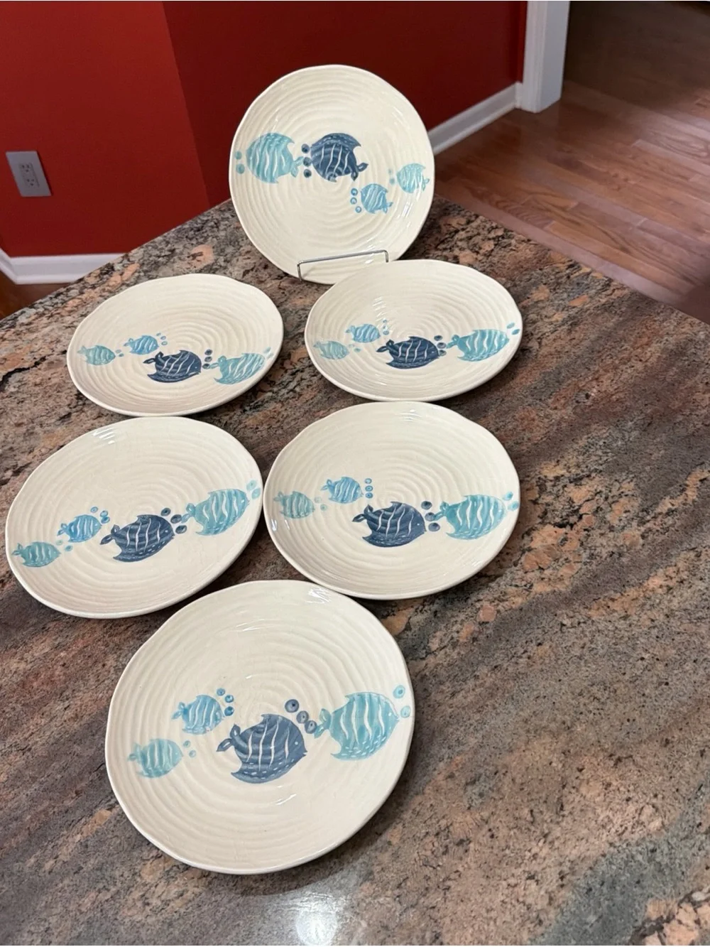 Lot Of 6 Pier 1 Imports Hand Painted Earthenware Little Fish Salad Plates 8.25